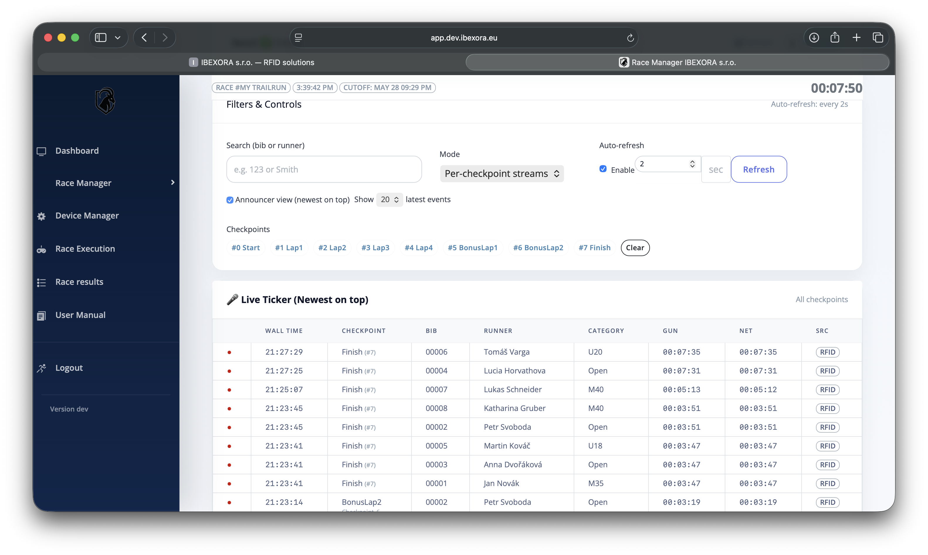 IBEXORA web app live dashboard showing race progress and checkpoint data